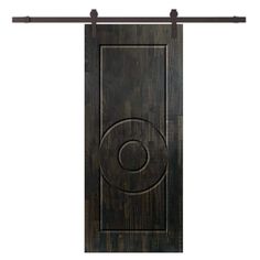 an image of a wooden door with metal bars on the top and bottom, which has a circular design