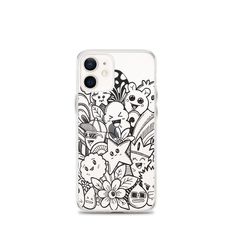 an iphone case with black and white drawings on the front, featuring flowers and birds