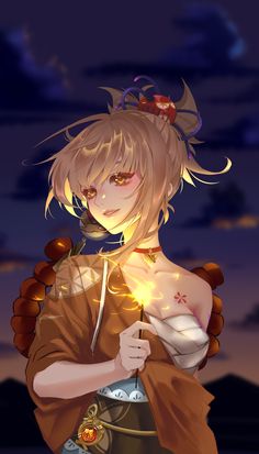 an anime character with blonde hair holding a lantern