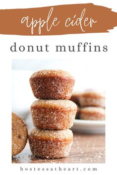 apple cider donut muffins stacked on top of each other with text overlay