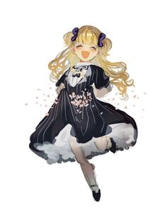 a drawing of a girl with long blonde hair wearing a black dress and holding her arms out