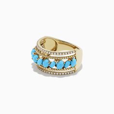 Effy 14K Yellow Gold Turquoise and Diamond Ring, 1.80 TCW Fine Jewelry Multi-stone Turquoise Ring In Yellow Gold, Blue Turquoise Ring In 14k Gold, 14k Gold Multi-stone Turquoise Jewelry, Blue Turquoise 14k Gold Fine Jewelry Ring, Turquoise Multi-stone 14k Gold Jewelry, Turquoise And Diamond Ring, Yellow Stone, Gold Yellow, Round Diamonds