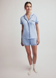 Cut from a soft cotton, The Favorite PJs blends a classic fit with contrast piping (and Favorite Daughter pocket embroidery, of course). The two-piece set has button-front top with short sleeves and elastic waist bottoms. Sweet dreams sold separately.100% CottonGaby is 5'9" wearing size Small Classic Relaxed Fit Short Sleeve Sets, Light Blue Short Sleeve Summer Sleepwear, Blue Collared Sets With Pockets, Blue Collared Cotton Sleepwear, Classic Cotton Sets With Relaxed Fit, Blue Short Sleeve Sets With Pockets, Light Blue Cotton Short Sleeve Sets, Cotton Short Sleeve Sets For Daywear, Light Blue Cotton Short Sleeve Sleepwear