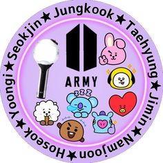 a purple circle with various stickers on it and the words army written in black