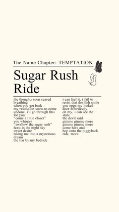 the name chart for sugar rush ride is shown in black and white, with an image of