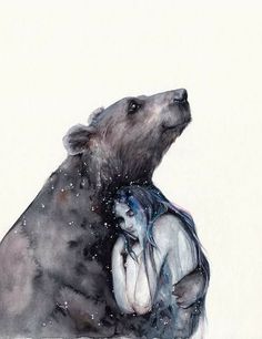 a painting of a woman hugging a bear with snow falling all around her and it's fur on its back