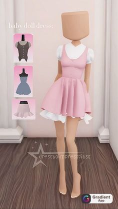 the doll is wearing a pink dress with white collar and short sleeves, while standing in front of a wall