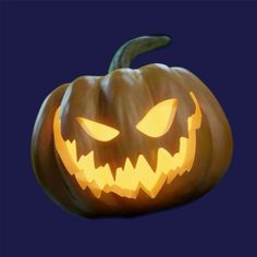 a carved pumpkin with glowing eyes on it's face, against a dark blue background