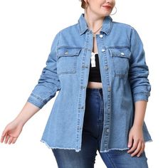 ABOUT US: A plus-size brand inspired by the need of its customers. We hope our clothing can match you into various occasions, by the proper tailoring to show your perfect curve and the comfortable fabrics enables you a pleasant experience. The shape of this denim jacket is casual and classic, and the fit is relaxed and easy. An exceptionally comfy jean jacket which fits perfectly. Frayed Denim Jacket, Plus Size Jacket, Jean Jacket Vest, Comfy Jeans, Perfect Denim, Plus Size Brands, Jeans Skirt, Plus Size Coats, Frayed Denim