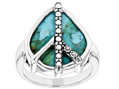 Southwest Style by JTV™ Composite Turquoise Sterling Silver Peace Sign Ring. Measures approximately 0.68"L x 0.85"W. Not sizeable. This product contains composite turquoise. This means separate pieces of turquoise were bound together. Sterling Silver Turquoise Rings, Peace Sign Ring, Genuine Turquoise Jewelry, Silver Casting, Christian Bracelets, Fun Clothes, Southwest Design, Silverware Jewelry, Country Clothing