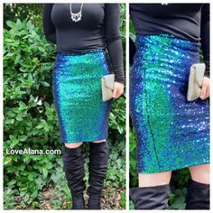 "An iridescent pencil skirt with mermaid vibes! It's the perfect amount of sexiness and modesty. Cute, tiny sequins. In a great length!!  :) - Stretchy with a hidden waistband  - Can dress up or down - Awesome in person! - Ships asap, you'll have it in 4-9 days SIZING: Length is 24 inches. It's stretchy runs true to size, but go down if in between sizes. S: 35-37\" fullest hip (0-2)  M: 38-41\" fullest hip (4-6)   L: 42-43\" fullest hip (8-10) XL: 44-46\" fullest hip (12-14)   Ships asap. *Handm Sequin Stretch Pencil Skirt, Stretch Sequin Pencil Skirt, Fitted Sequin Pencil Skirt, Green Knee-length Skirt For Night Out, Green Knee-length Party Skirt, Green Pencil Mini Skirt For Party, Green Knee-length Skirt For Party, Blue Knee-length Pencil Skirt For Party, Fitted Knee-length Sequin Skirt