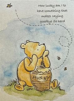 a drawing of a teddy bear sitting on the ground with a honey basket in front of him