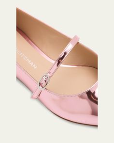 Stuart Weitzman "Emilia" metallic specchio leather ballerina flats    0.17 in / 5 mm flat heel    Pointed toe    Mary Jane buckle strap    Leather outsole    Lining: Leather    Hand wash, spot clean    Made in Spain Pink Marshmallow, Pink Marshmallows, Travel Size Perfume, Metallic Flats, Evening Flats, Mary Jane Flats, Leather Mary Janes, Pink Shoes, Cleanser And Toner