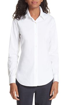 Free shipping and returns on Theory 'Tenia' Cotton Blend Blouse at Nordstrom.com. A crisp spread collar and smooth French placket bring polished sophistication to a versatile blouse cut from a pristine stretch-cotton blend. White Shirt Blouse, Ladies Blouse, Blouse Nordstrom, White Button Down Shirt, Crochet Crop Top, White Shirt Dress, Poplin Shirt, Plus Size Blouses, Cotton Blouses