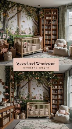 two pictures of a baby's room with bookshelves and trees on the wall