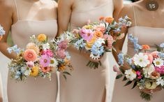 the bridesmaids are holding their bouquets in different colors and sizes, including blue, pink, orange, and white flowers