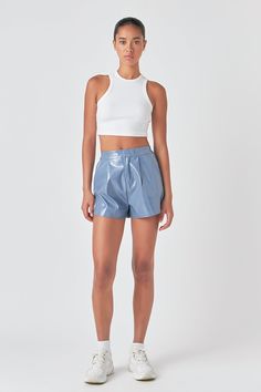 GREY LAB - High-Waisted Faux Leather Shorts - SHORTS available at Objectrare Faux Leather Shorts, Red Plum, Faux Leather Fabric, Leather Shorts, Leather Fabric, Powder Blue, The High, Front Zipper, Looks Great