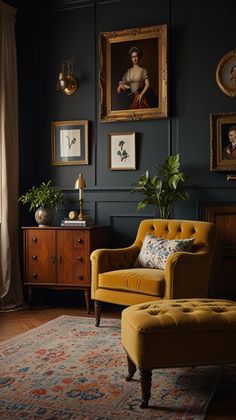 a living room filled with furniture and paintings on the wall