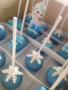 frozen princess cupcakes in blue and white frosting with snowflakes on them