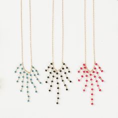 "The Mini Fringe necklace is our delicate take on the fringe and tassel trend Choose Ruby, Black Spinel or London Blue Quartz gemstones We've added this to our Cascade collection. We recommend layering it with our longer layering chain (37\") and pairing with our chain loop earrings Chain length is 16\" with an extender so you can wear up to 18\" if you prefer more length Custom shapes and real gemstones make each necklace one-of-a-kind We're proud that our jewelry is always handmade in the USA Party Necklaces With Tassels And Dangle Shape, Party Dangle Necklaces With Tassels, Party Tassel Dangle Necklaces, Long Fringe Necklaces For Gift, Fringe Long Necklace Gift, Fringe Long Necklace For Gift, Black Gemstone Necklace, Gold Fringe Necklace, Modern Pearl Earrings