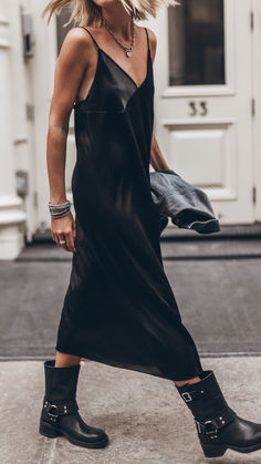 Long black slip dress in silk with a raw chiffon tape on the neckline. The dress has adjustable shoulder straps. Long Black Slip Dress, Black Slip Dress Outfit, Slip Dress Outfit, Black Silk Dress, Black Slip Dress, Rock'n Roll, Silk Slip Dress, Fashion 101, Long Jumpsuits