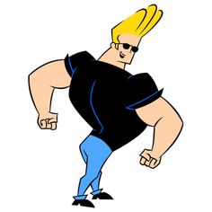 a cartoon character with yellow hair and sunglasses on his head, wearing blue pants and black shirt