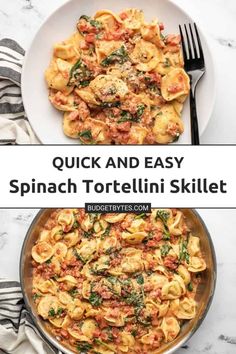 two plates filled with pasta and spinach tortelli skillet