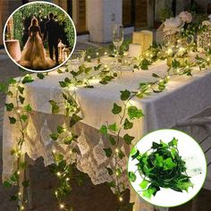 the table is covered with ivy and fairy lights