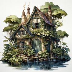 an illustration of a house in the water surrounded by trees and plants with a waterfall coming out of it