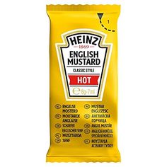 a bag of heinz english mustard sitting on top of a white table