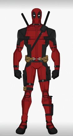 a deadpool character is standing with two swords in his hands and one hand on his hip