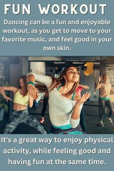 a woman dancing with other people in the background and text that reads, fun workout