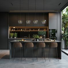 a kitchen with three bar stools in front of the counter and four hanging lights above it