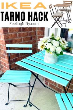 a table and chairs made out of wood with text overlay that says ikea tarno hack