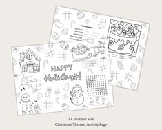 two christmas themed activity pages with the words happy holidays written in black and white on them