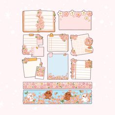 a bunch of papers with teddy bears and flowers on them, all lined up in rows