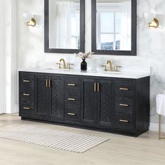 a bathroom vanity with two mirrors above it and a rug on the floor next to it