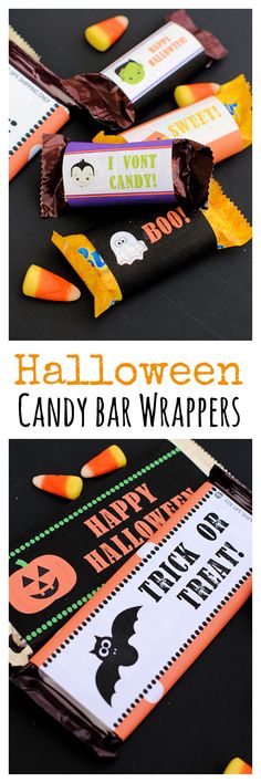 halloween candy bar wrappers with the words happy halloween written on them and some candy