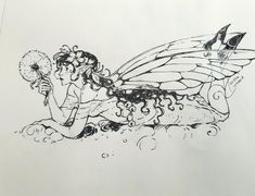 a drawing of a fairy holding a dandelion in her hand and sitting on the ground