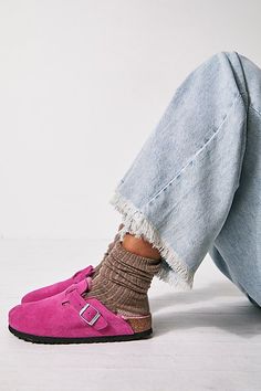 **Fit:** Narrow: A-B Width Classic slip-on Birkenstock open-back clogs in a cozy update, featuring a super soft shearling lining. * Full arch support * To grip * EVA outsole A Birkenstock narrow width fit is comparable to a Medium (B Width). | Boston Shearling Birkenstock at Free People in Pink, Size: EU 36 Boston Shearling Birkenstock, Shearling Birkenstock, Boston Shearling, Birkenstock Boston Shearling, Dr Shoes, Birkenstock Boston, Fall Fits, Swag Shoes, Pretty Shoes