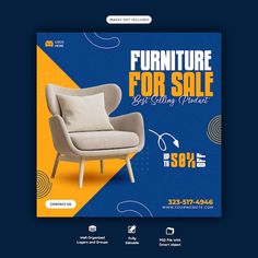 the furniture sale flyer is displayed on a blue and yellow background with an image of a chair