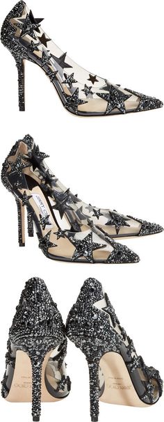 Jimmy Choo Lisha Black and Smoke Mix Plexi Star Patchwork Pointy Toe Pumps with Crystals | Lisha is a our new sophisticated and sexy style. This clear plexi pump features scattered crystal star detailing and a crystal covered heel. It boasts an 100mm heel height which creates a leg-lengthening effect. Steal the show when wearing these fabulous heels. | #jimmychoo #shoes #heels #ad #pumps #bling #glam #stars #partyshoes #silverheels #crystalpumps Star Patchwork, Party Outfits Night, Summer Party Outfit