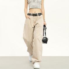 5ft 5''(166cm) tall, 97 lbs(44kg) weight and wearing a size M163cm/44kg wearing a size S - KHAKI TAN- Wide straight fit- Denim Beige Wide Leg Jeans With Belt Loops, Beige Streetwear Pants With Five Pockets, Beige Five-pocket Pants For Streetwear, Beige Five Pocket Pants For Streetwear, Y2k Straight Leg Bottoms With Belt Loops, Beige Straight Leg Cargo Jeans For Streetwear, Beige Straight Jeans With Belt Loops, Trendy Baggy Beige Jeans, Trendy Beige Baggy Jeans