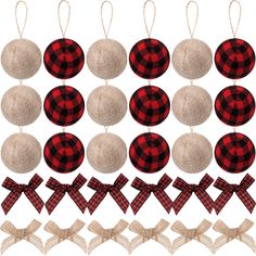 plaid christmas ornaments with bows and burlocks are shown in red and white colors