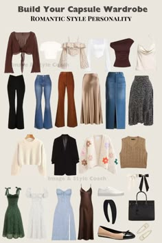 A capsule wardrobe are foundational/ go-to pieces that helps you rotate and wear your clothes in different ways by pairing each clothing piece together. With a functional capsule wardrobe, you can create an endless variety of outfits. Capsule wardrobe are unique too, what makes up your capsule wardrobe should be built based off your style personality. This is the wardrobe essentials for the Romantic Style Personality Young Woman Different Astethics Type Outfits, 70s Style Capsule Wardrobe, Wardrobe Statement Pieces, Spanish Capsule Wardrobe, Casual Kibbe Romantic Outfits, Kibbe Romantic Outfits Modest, Natural Romantic Style Personality, Capsule Wardrobe Purple, Statement Wardrobe Pieces