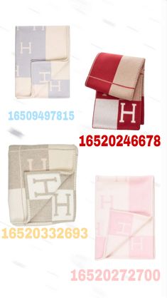 four different types of towels and blankets on the same page, including one with an initial