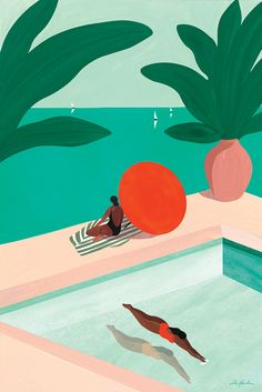 an illustration of a person laying on the edge of a swimming pool next to plants