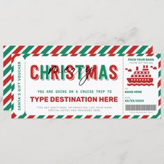 an airplane ticket for christmas with the words,'holiday destination here'on it