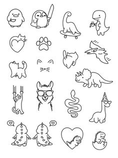 the different types of cartoon animals are drawn in black and white