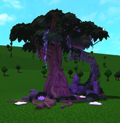 an animated image of a purple tree in the grass